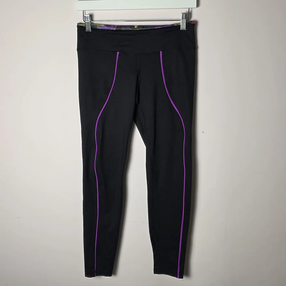 Koral High Rise Leggings Black Purple Trim Performance Activewear Yoga Gym L - Picture 1 of 6
